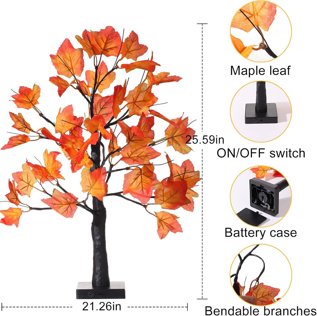 2 Pack Lighted Maple Tree 20 Inch 48LED Fall Artificial Tree for Thanksgiving Harvest Indoor Decoration