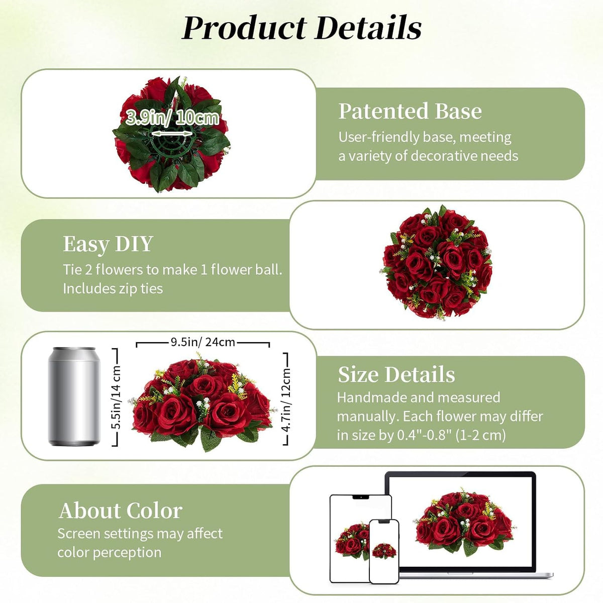 BLOSMON Faux Flower Centerpieces for Wedding Tables, 10 Pcs, Crimson Red