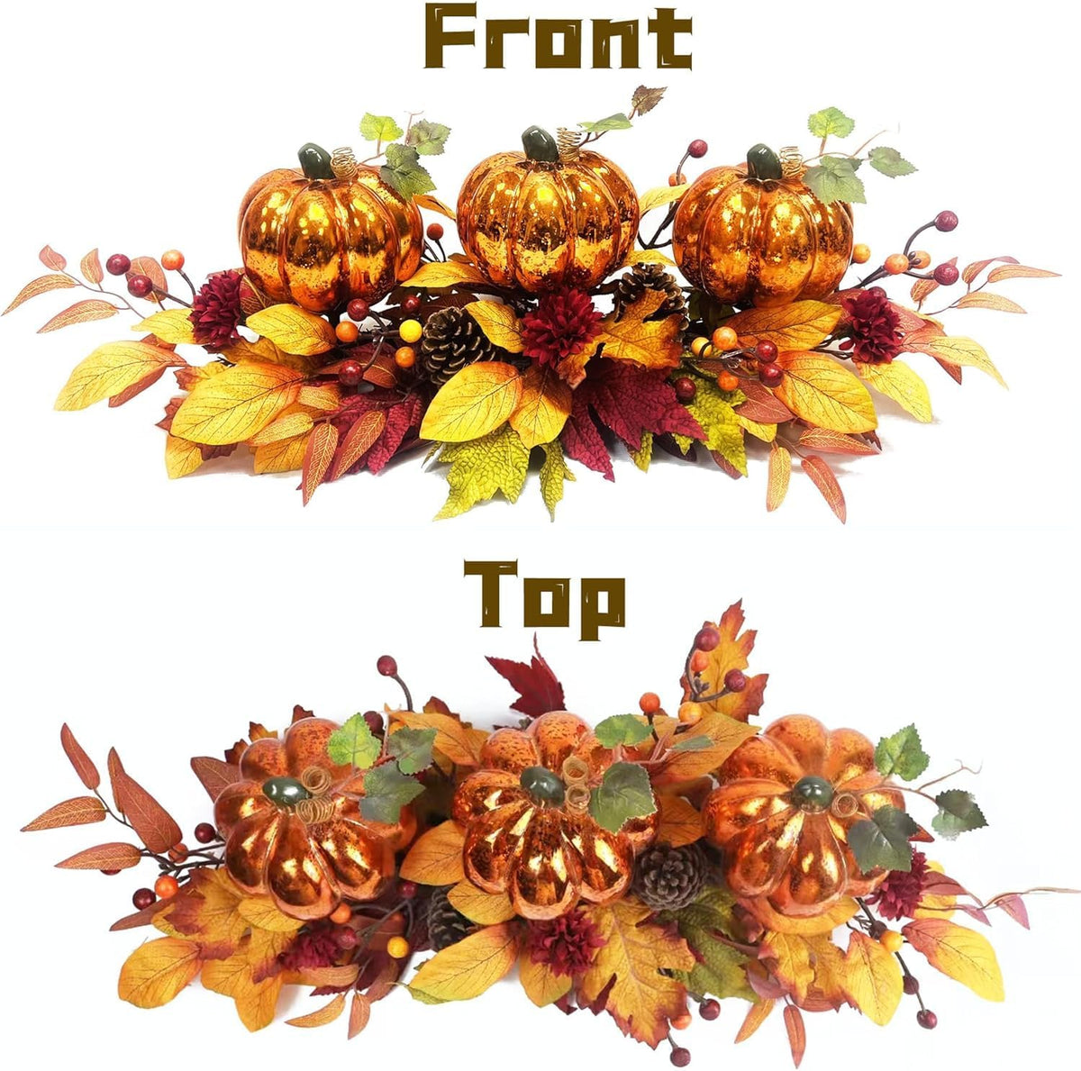 LED Lighted Pumpkin Fall Centerpiece with Maple Leaves, Berries & Pinecones - Battery Operated Thanksgiving Table Decor for Home, Mantel, or Dining