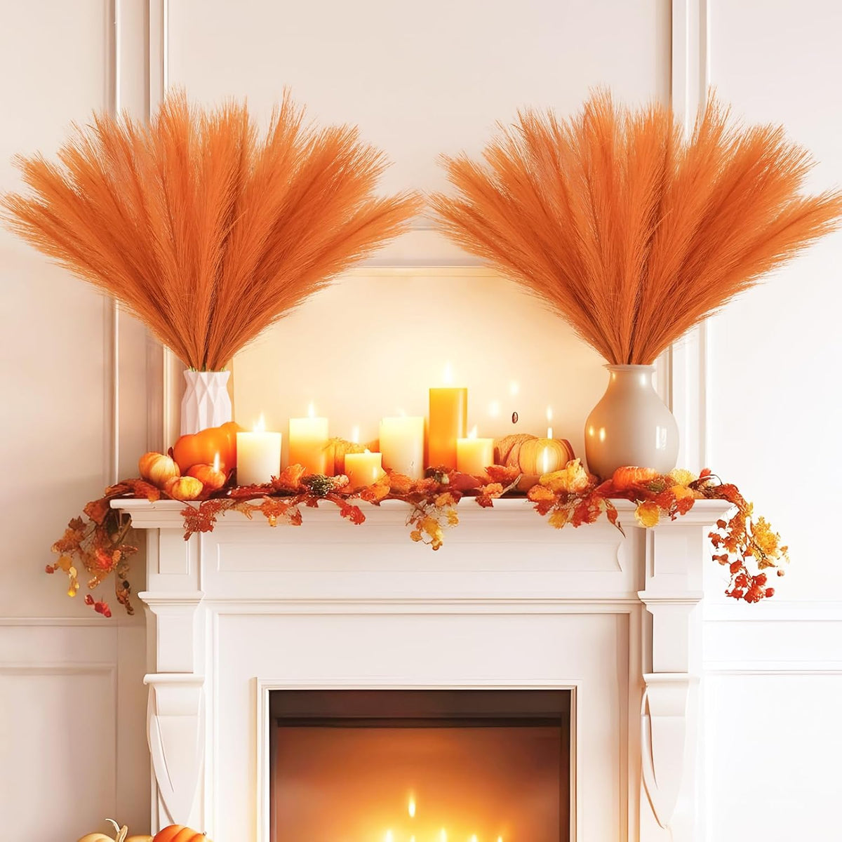 obbsie 50PCS Burnt Orange Faux Pampas Grass Decor, 21.6" Fluffy Vase Filler