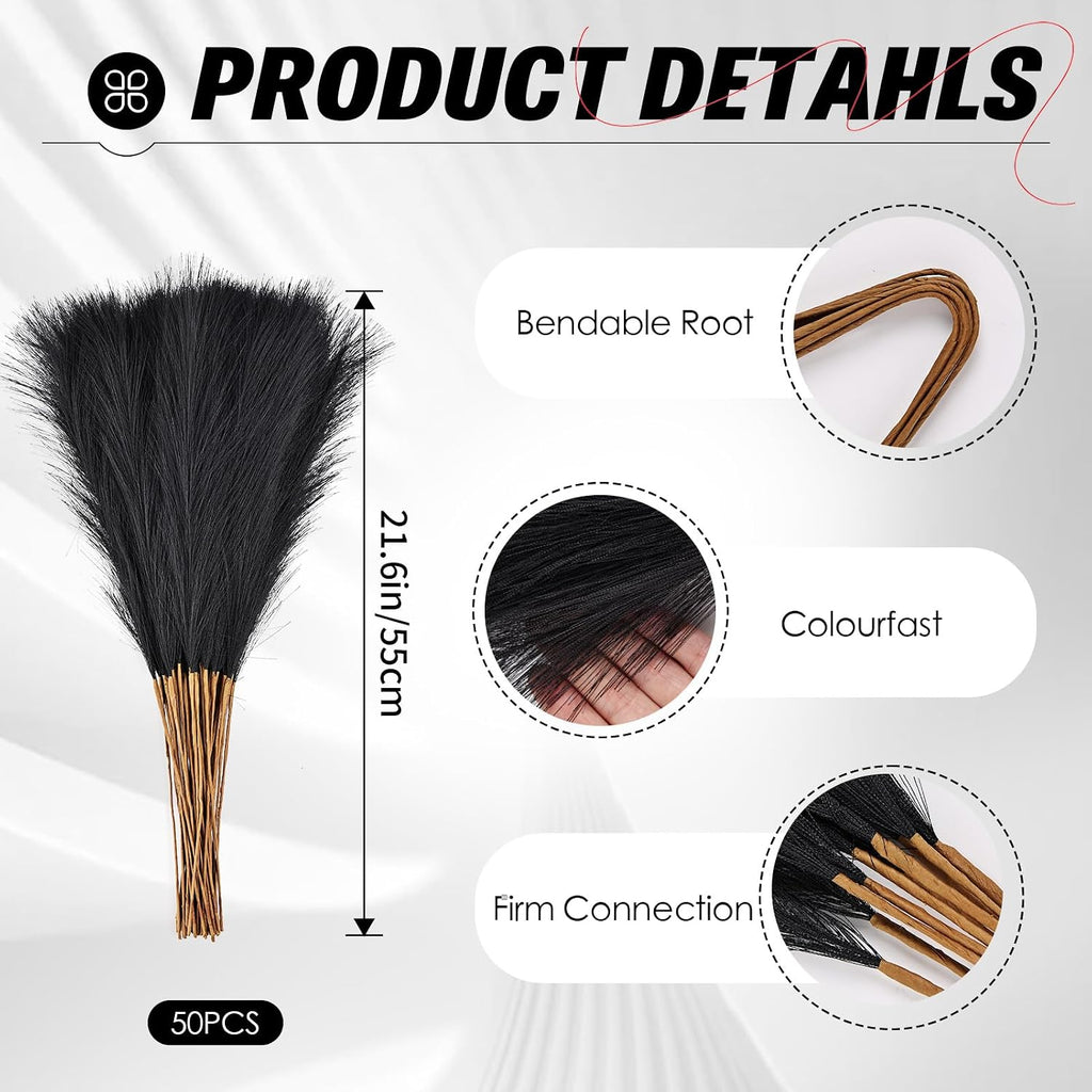 50pcs Black Pampas Grass 21.6 Inch Non-Shedding Faux Pampas for Gothic Home, Moody Boho, Halloween and Modern Wedding Decor