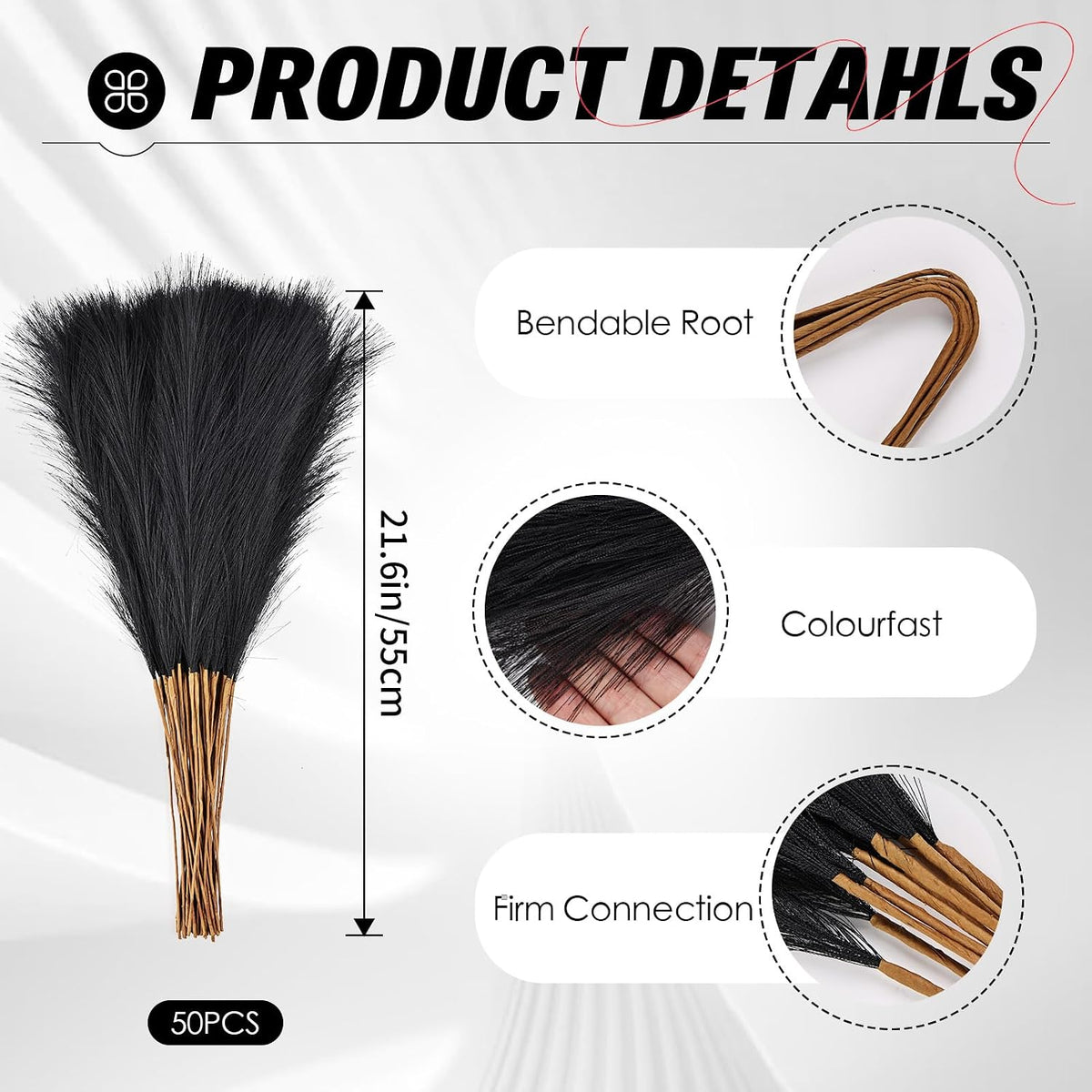 50pcs Black Pampas Grass 21.6 Inch Non-Shedding Faux Pampas for Gothic Home, Moody Boho, Halloween and Modern Wedding Decor