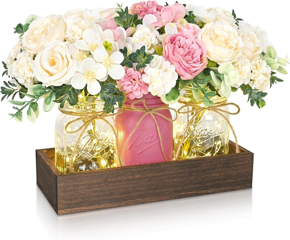 BLEUM CADE 3Pcs Mason Jar with Artificial Roses Flowers Wood Tray and Light