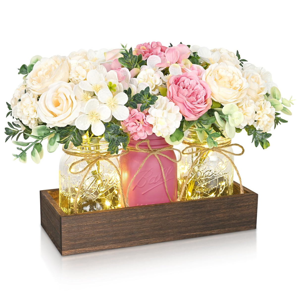 BLEUM CADE 3Pcs Mason Jar with Artificial Roses Flowers Wood Tray and Light