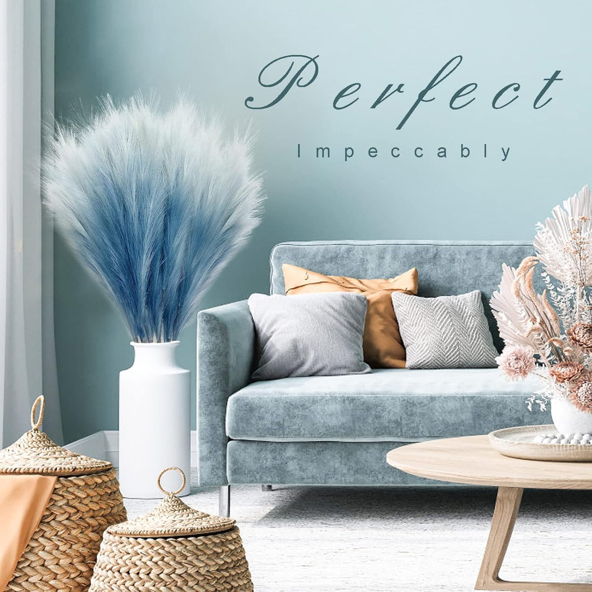 KALYLOC 8Pcs 3FT Blue Colorful Faux Pampas Grass, Artificial Bulrush