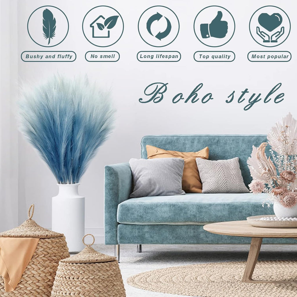 KALYLOC 8Pcs 3FT Blue Colorful Faux Pampas Grass, Artificial Bulrush