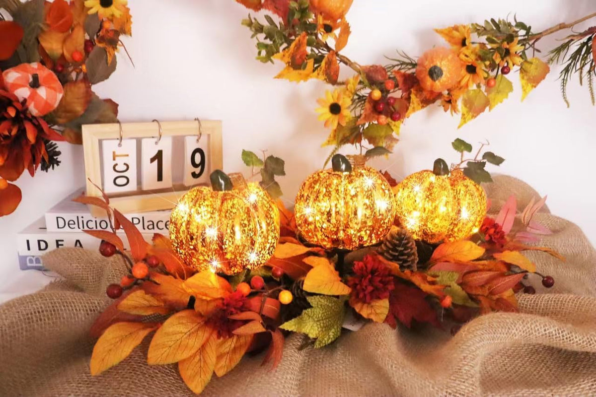 LED Lighted Pumpkin Fall Centerpiece with Maple Leaves, Berries & Pinecones - Battery Operated Thanksgiving Table Decor for Home, Mantel, or Dining