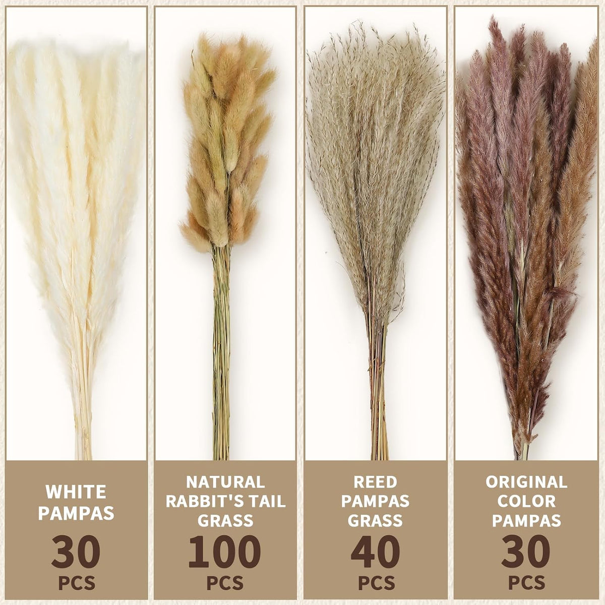 Le courant 17" Dried Pampas Grass Decor, Naturally Small Boho Pampas Grass with Bunny Tails & Reed Grass for Home Table Decor, Wedding, Rustic Farmhouse Party Decorations, White and Brown (200pc)