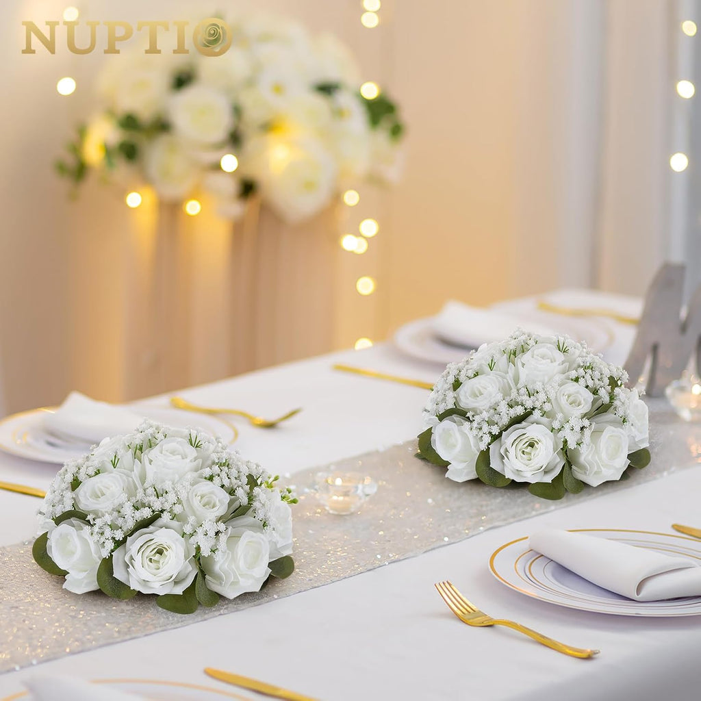 NUPTIO Flower Balls for Table Centerpieces: White Fake Flowers, 8.6 Inch