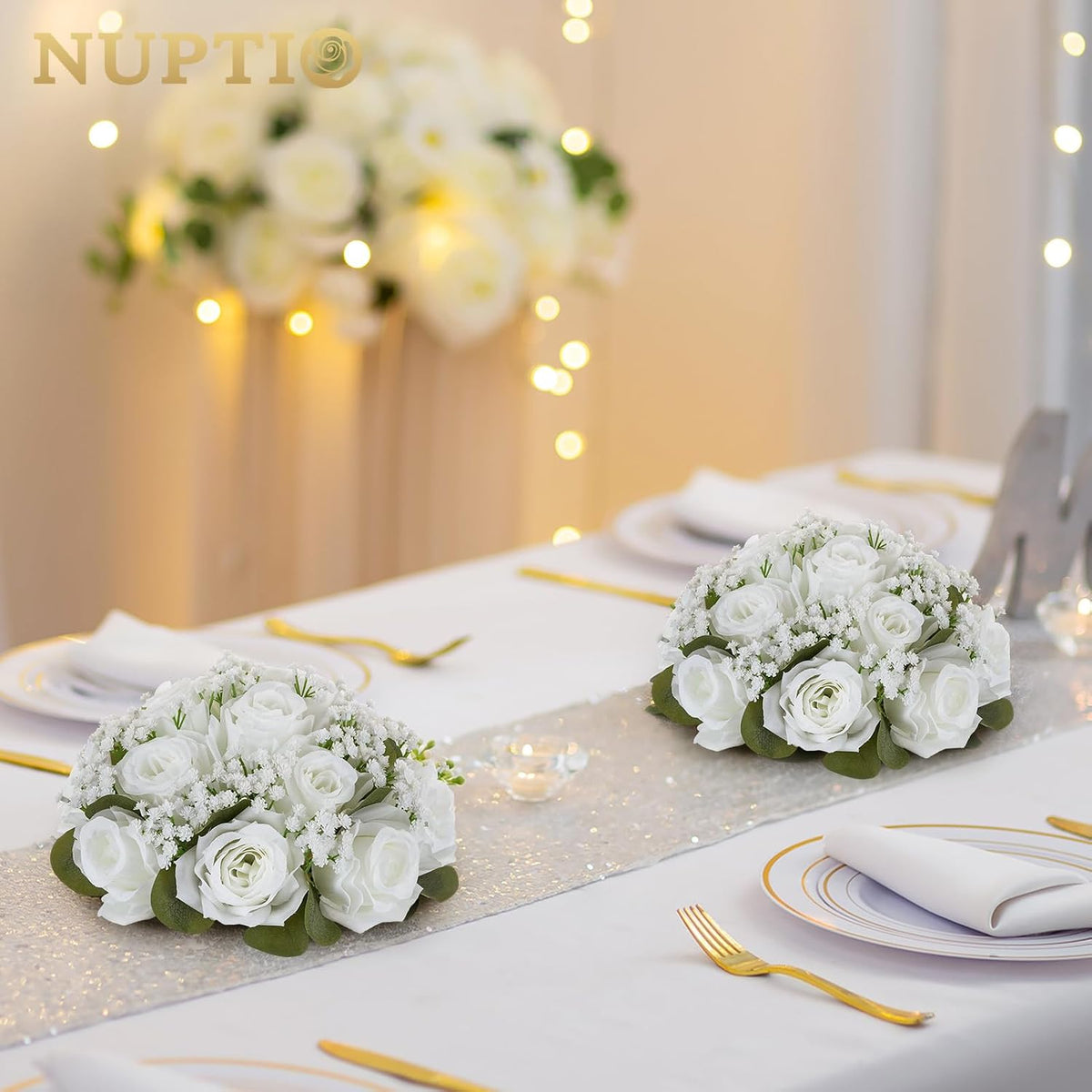 NUPTIO Flower Balls for Table Centerpieces: White Fake Flowers, 8.6 Inch