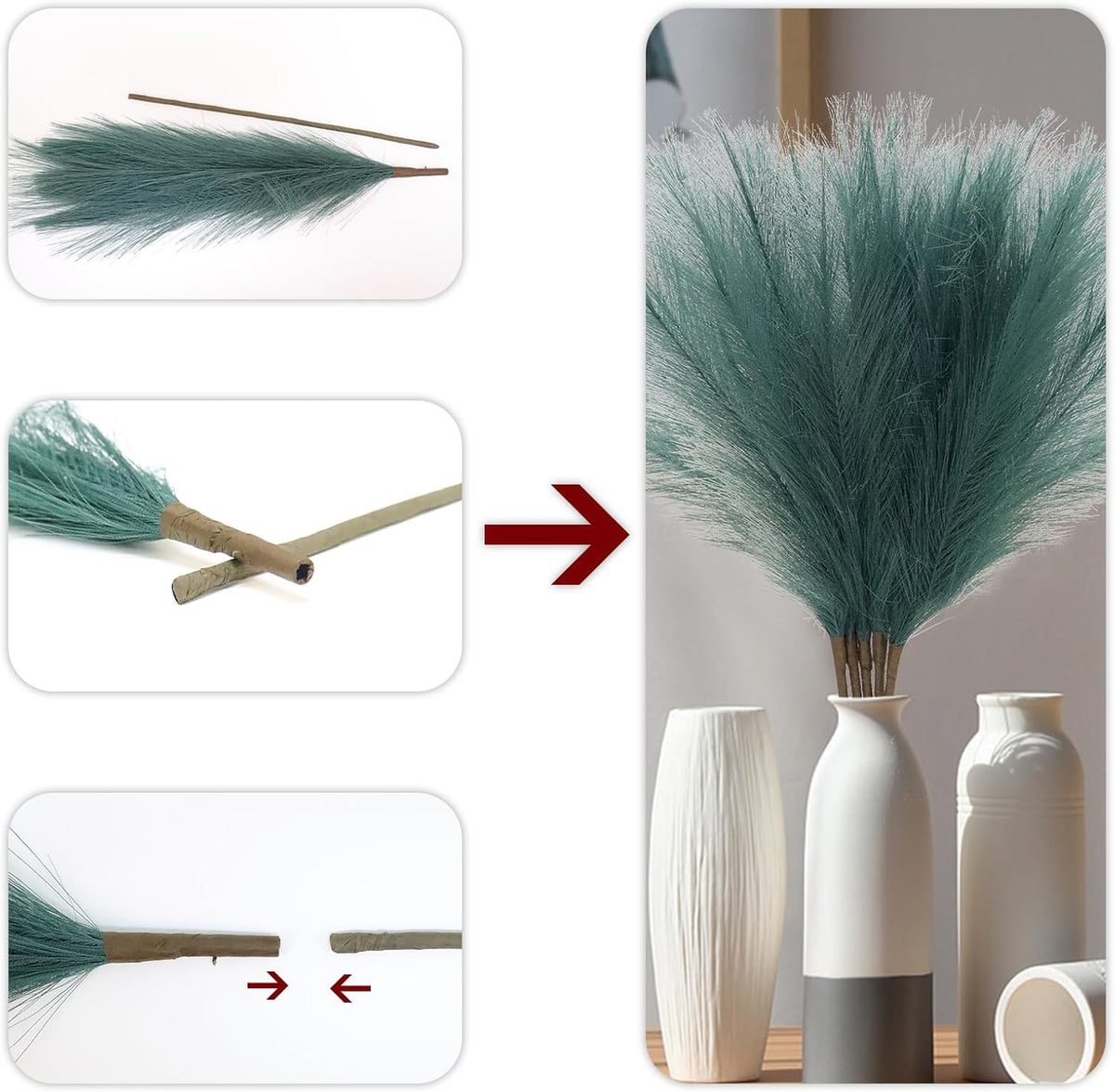 MAKHOT 5 PCS 30" Dark Green Pampas Grass Tall Fluffy, Detachable Faux Bulrush Reed Green Grass for Tall Vase Filler, Artificial Pampas Small Home Vase Decor