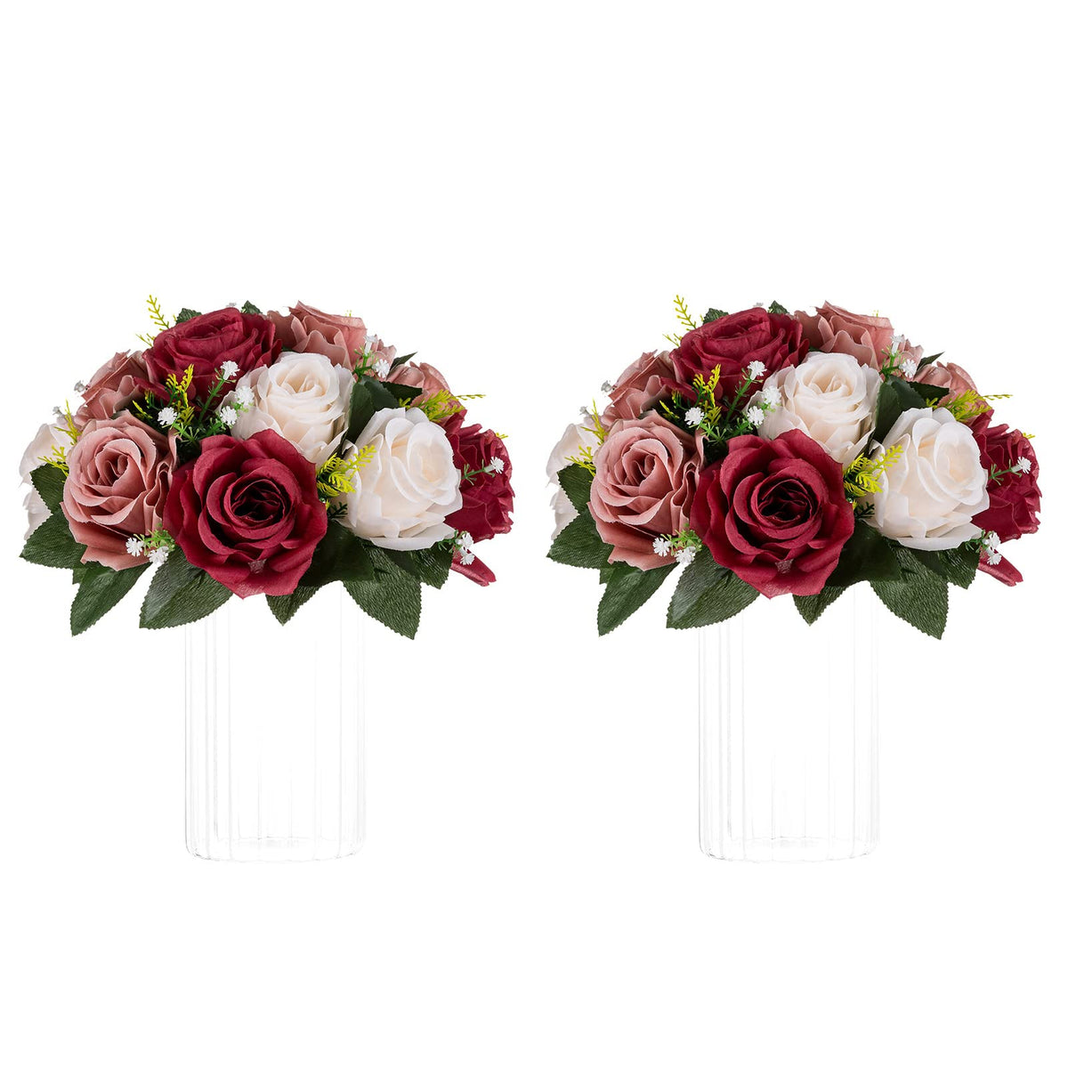 Nuptio Artificial Flower Centrepieces for Tables - 6 Pcs Burgundy & Dusty Rose & Creamy White Fake Flowers Roses Balls 9.5in Diam - Silk Faux Rose Arrangement for Wedding Party Centerpiece Table Decor