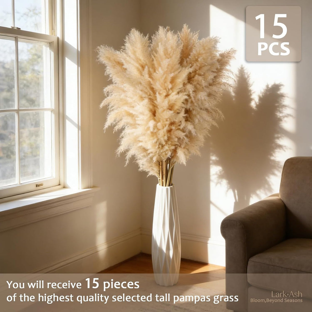 55inch 15pcs Tall Pampas Grass for Floor Vase-Dried Pampas Grass Decor Tall Brown Large Pompas Grass Floral-Long Fluffy Pompas Grass for Living Room,Farmhouse,Entryway,Wedding and Boho Home Decor