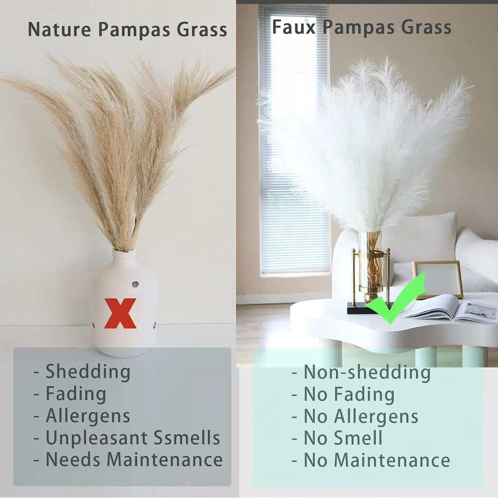 10 Stems White Pampas Grass Fluffy 17.7" Faux Pampas Grass Decor
