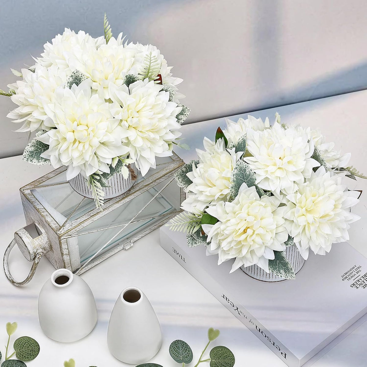6 Set Pre-Made Flower Table Centerpieces (White, 6 X Dahlias Table Centerpieces)
