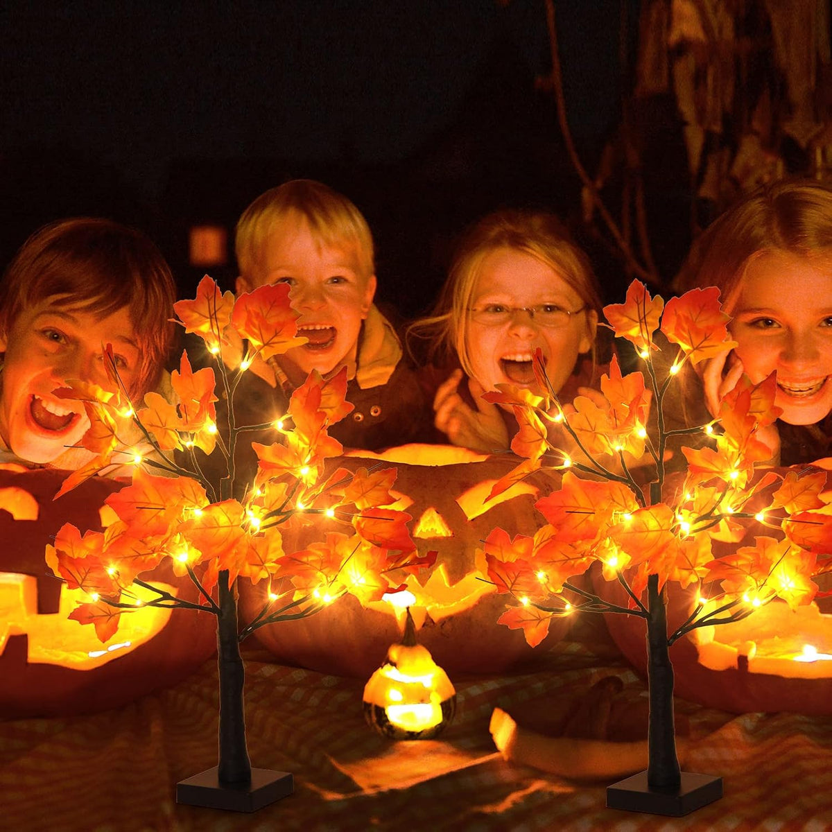 2 Pack Lighted Maple Tree 20 Inch 48LED Fall Artificial Tree for Thanksgiving Harvest Indoor Decoration