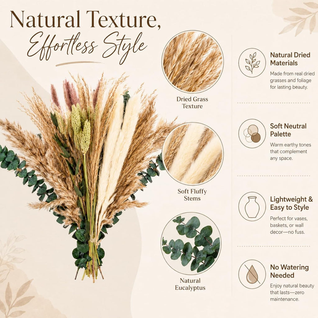 RAINFLOW 35PCS Dried Pampas Grass Decor - 7 Varieties Small Dried Flower
