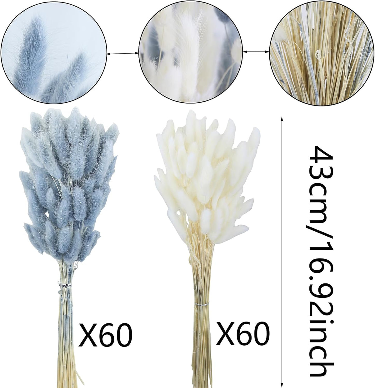 CISDUEO 120pcs Dried Bunny Tails Flowers Lagurus Ovatus Tail Dried Flowers Pampas Grass White and Gray Natural Dried Floral Arrangement for Boho Decor Home Wedding DIY Farmhouse Table Christmas (17")