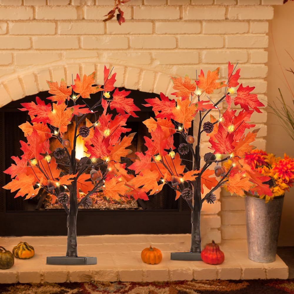 YEAHOME Fall Decorations for Home, 2 Pack 24”/2FT Lighted Fall Maple Leaves Tree with Warm White LEDs Autumn Decor, Pine Cone, Acorn Ornaments Battery Powered Timer for Thanksgiving