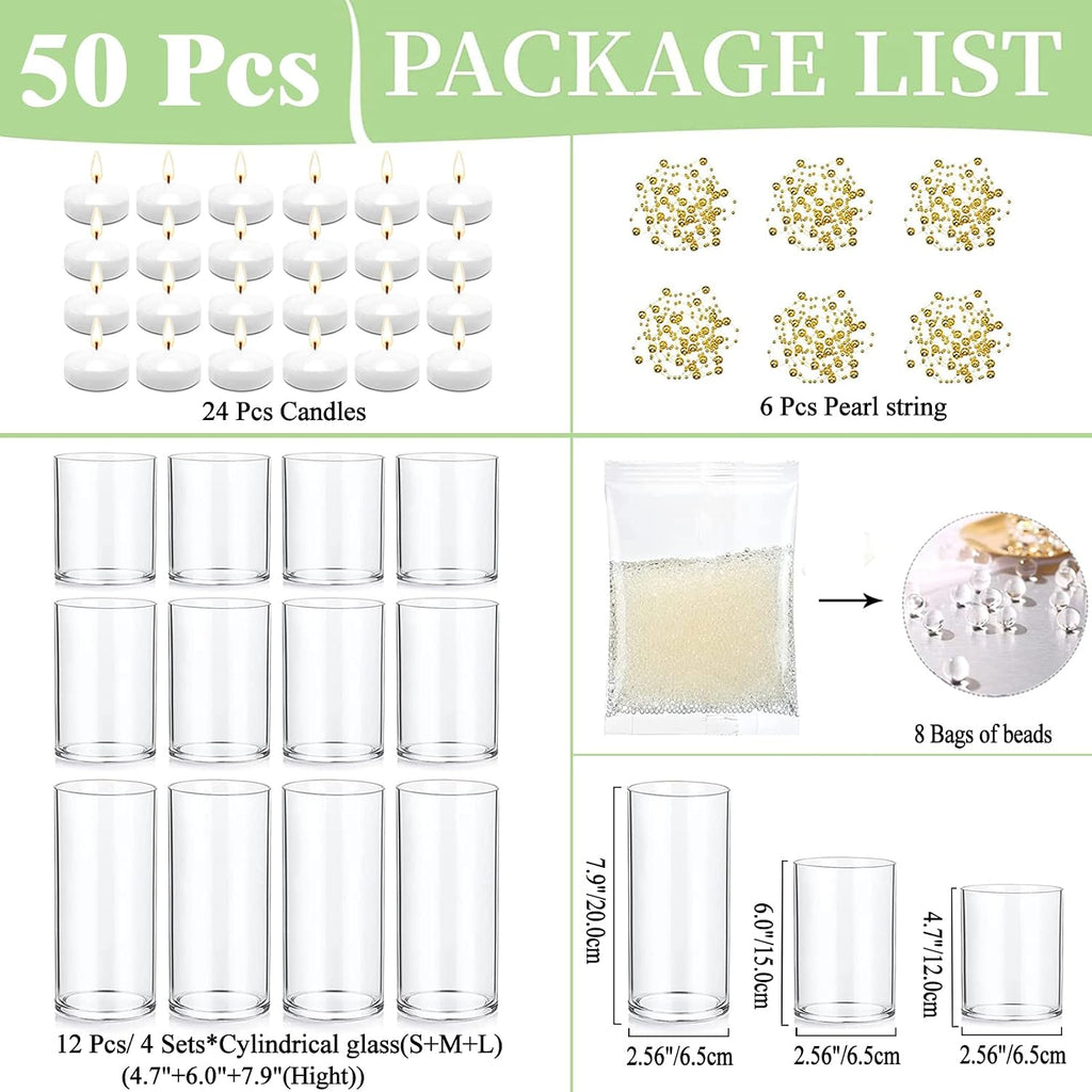 UDU 12 Set Glass Vases for Centerpieces with 24 White Floating Candles 80000 Vase Filler 6 Pearl String Party Event Home Wedding Centerpieces for Tables Decorations