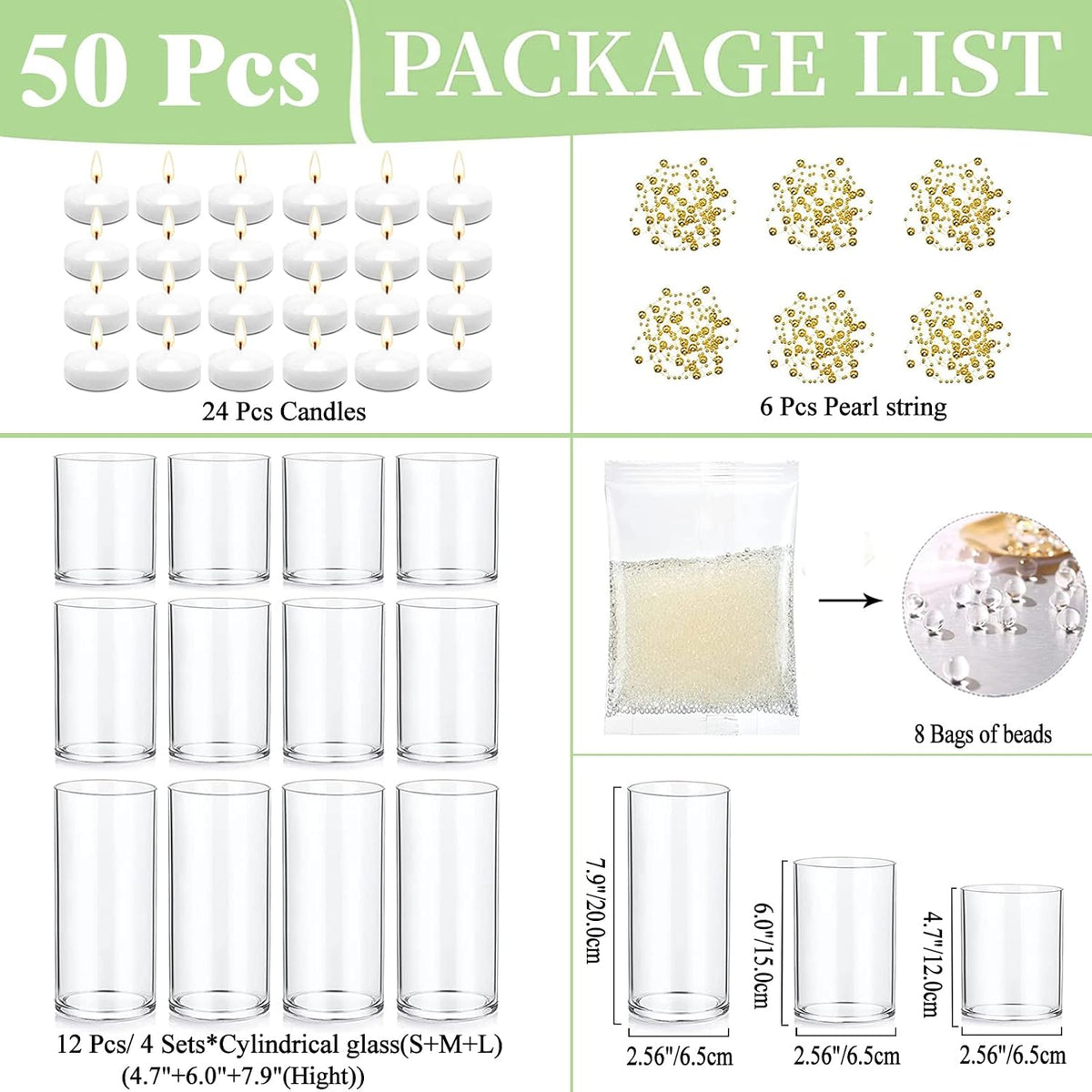 UDU 12 Set Glass Vases for Centerpieces with 24 White Floating Candles 80000 Vase Filler 6 Pearl String Party Event Home Wedding Centerpieces for Tables Decorations
