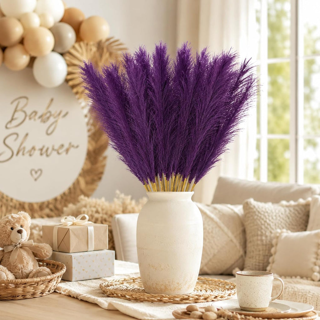 30 Pcs Pampas Grass Stems 21.7 Inches Fake Pampas Grass Artificial Flower Vase Filler for Boho Home Wedding Living Room Bathroom Wall Party Decor (Purple)