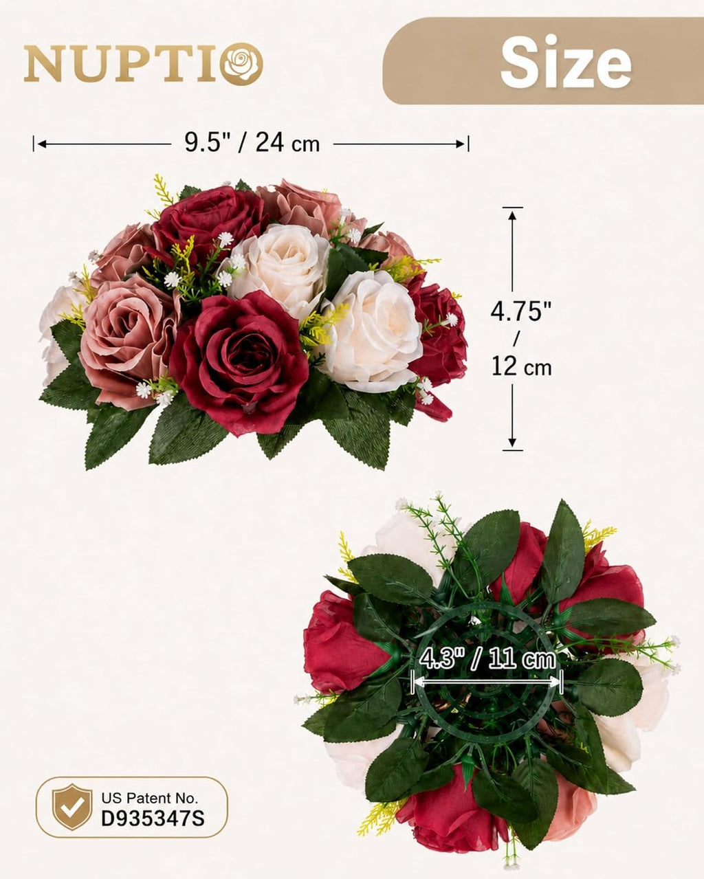 Nuptio Artificial Flower Centrepieces for Tables - 6 Pcs Burgundy & Dusty Rose & Creamy White Fake Flowers Roses Balls 9.5in Diam - Silk Faux Rose Arrangement for Wedding Party Centerpiece Table Decor