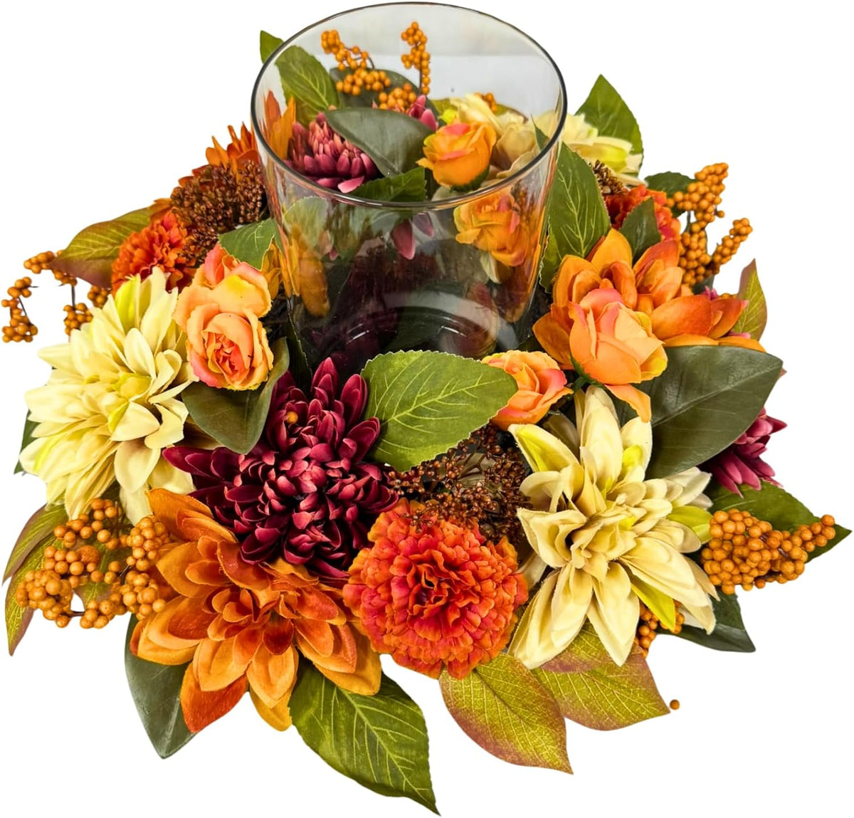 17 Inch Fall Hurricane Candle Holder with Dahlias, Mums and Berries