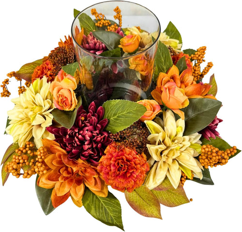 17 Inch Fall Hurricane Candle Holder with Dahlias, Mums and Berries