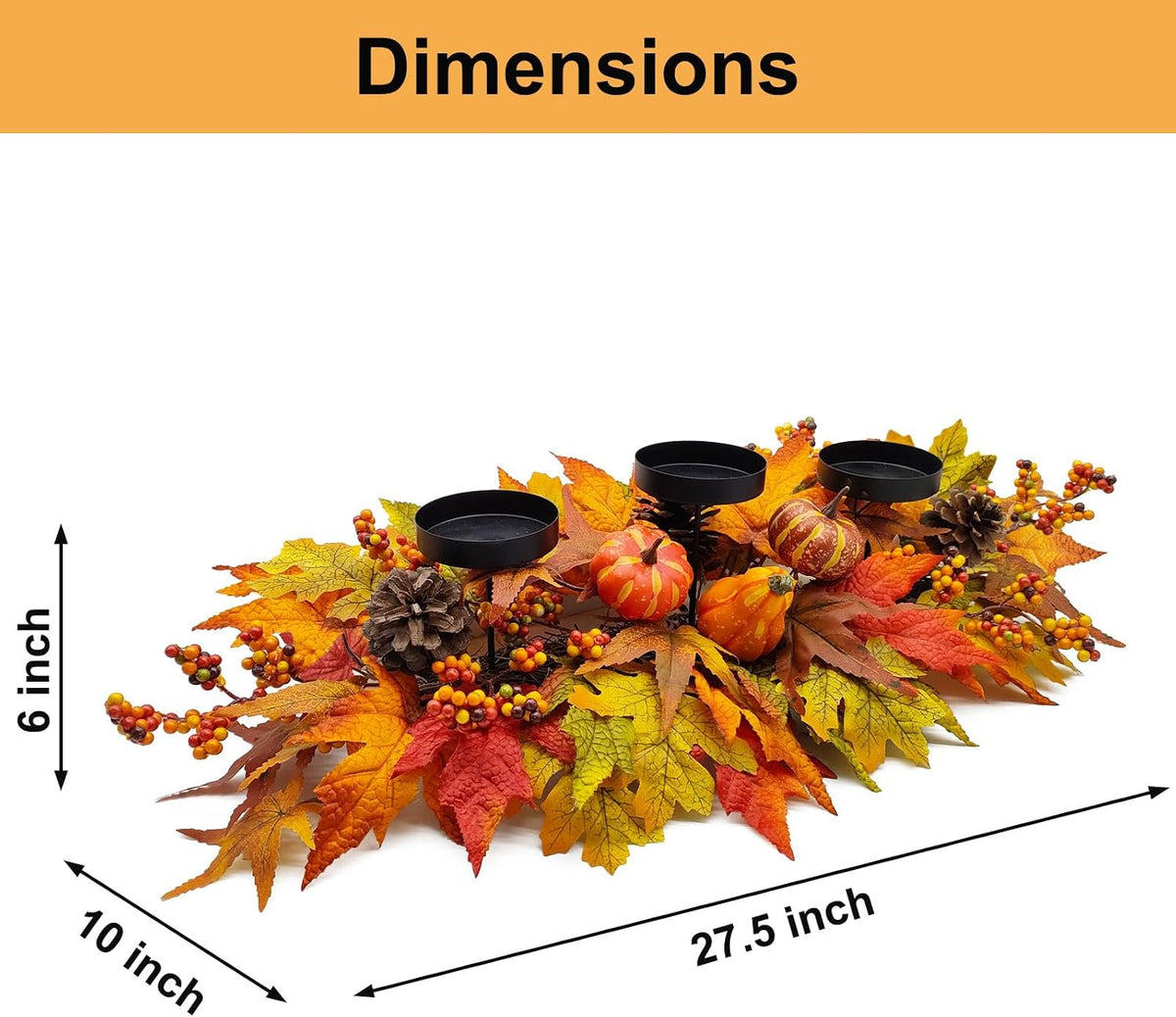 Fall Centerpiece Table Decorations, 27.5'' L Assorted Artificial Pumpkins, Berries, Maple Leaves and Pine Cones, Harvest Table Candle Holder for Dinning Table, Fireplace Mantel (Candle Not Included)