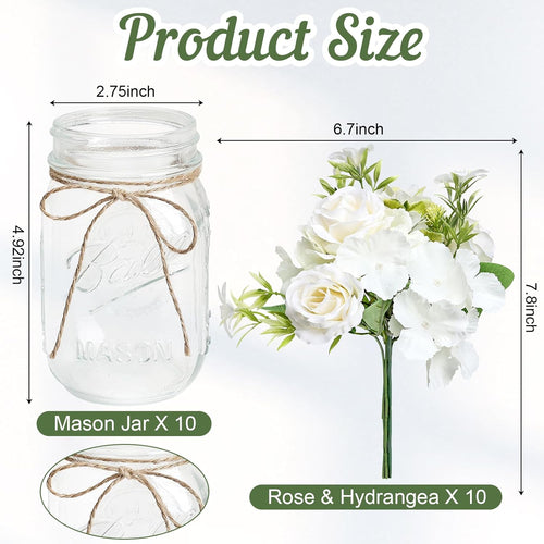 10 Sets Mason Jars Flower Table Centerpiece with White Rose - Ivory