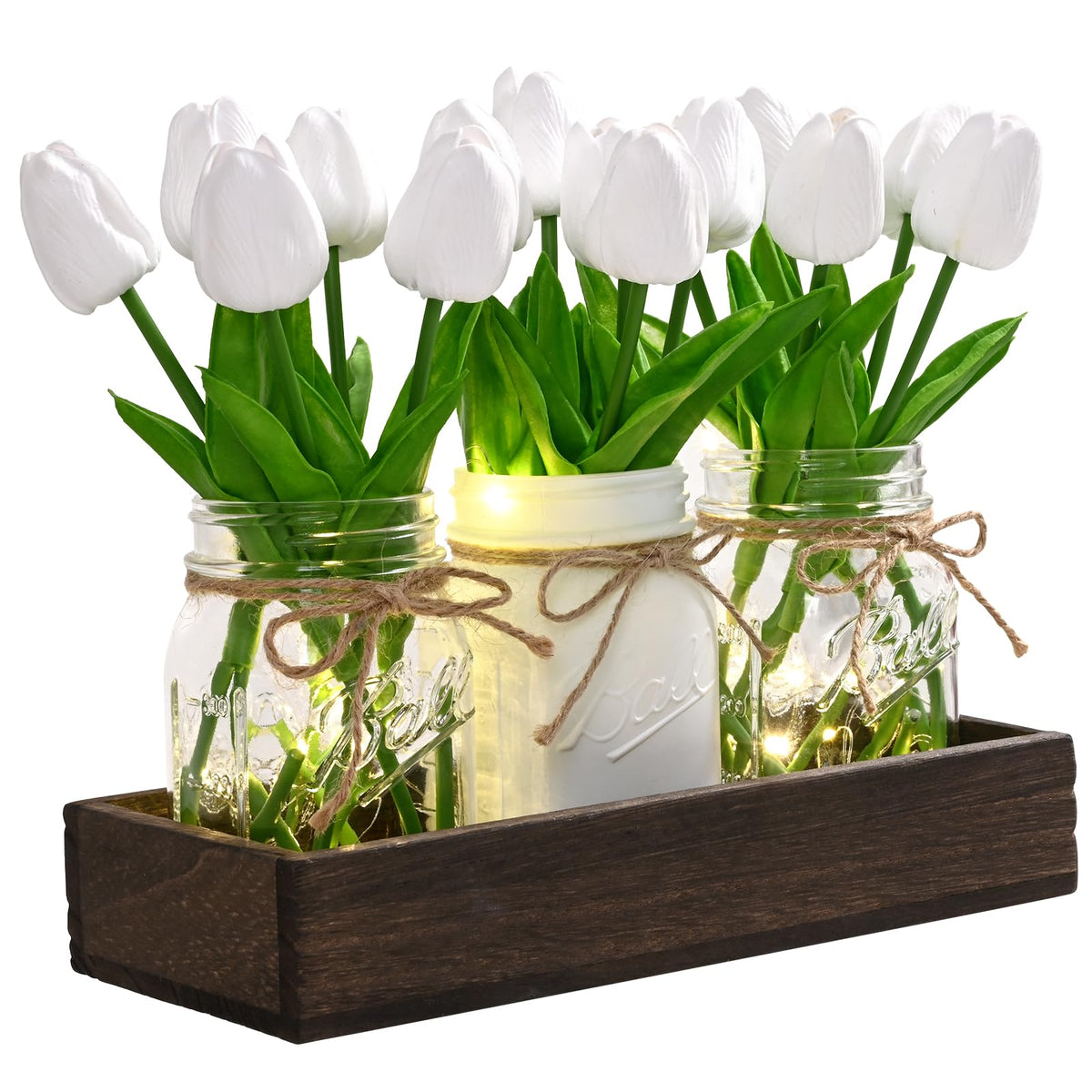 BLEUM CADE 3Pcs Mason Jar with Artificial Roses Flowers Wood Tray and Light