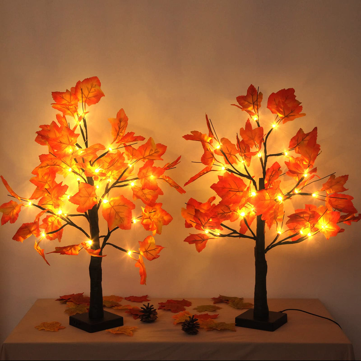 2 Pack Lighted Maple Tree 20 Inch 48LED Fall Artificial Tree for Thanksgiving Harvest Indoor Decoration