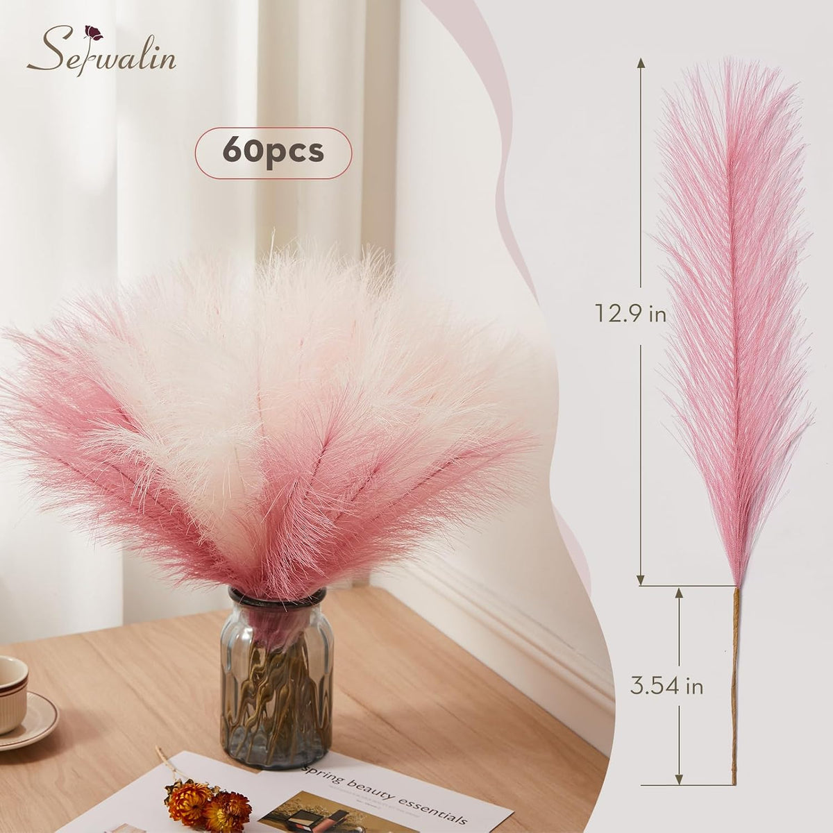 Serwalin 60PCS 17.7" Pink Pampas Grass Boho Feathers Decor for Home Decor
