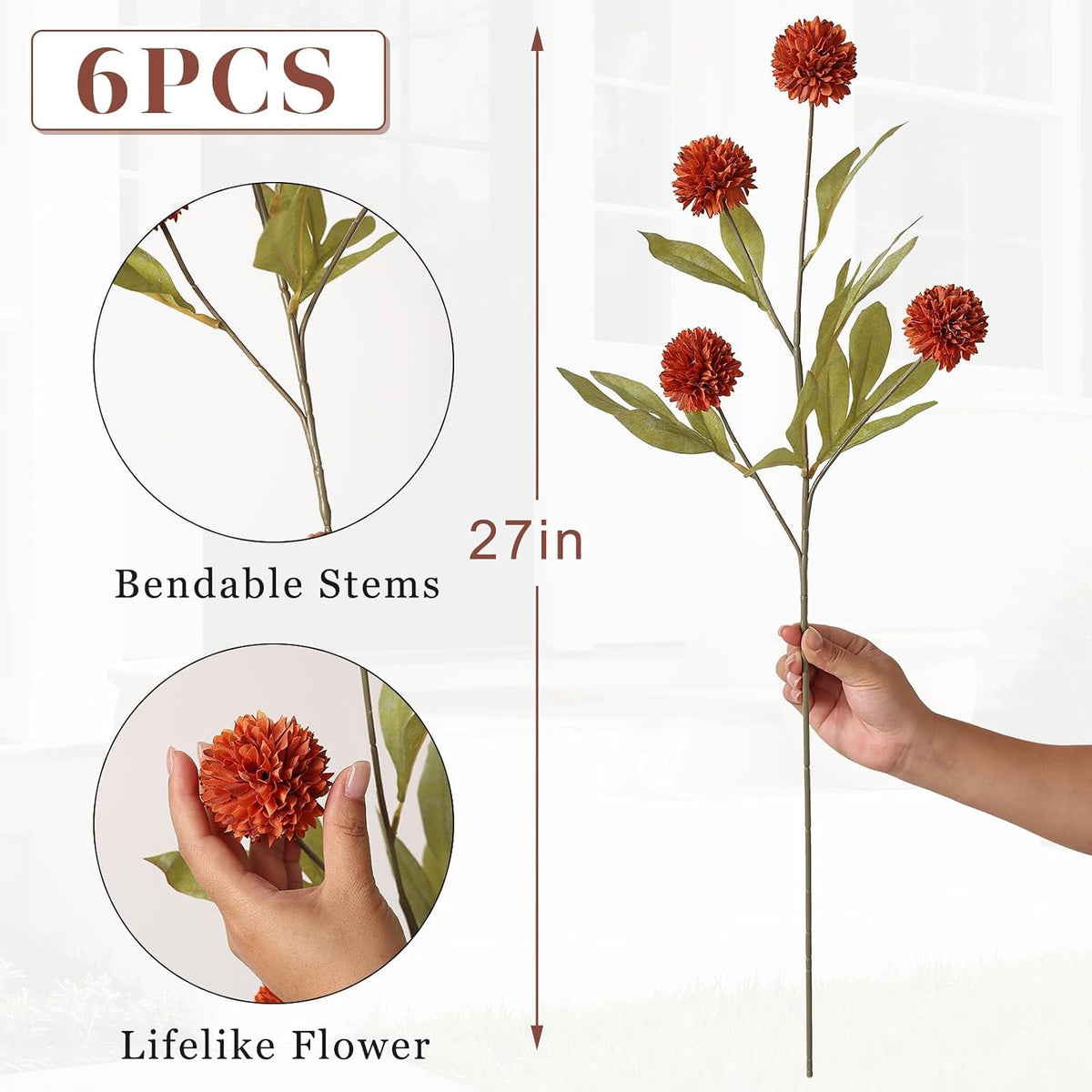 6Pcs 27"Artificial Fall Pompon Mum Stems Silk Flower for Vase Decor(Orange)