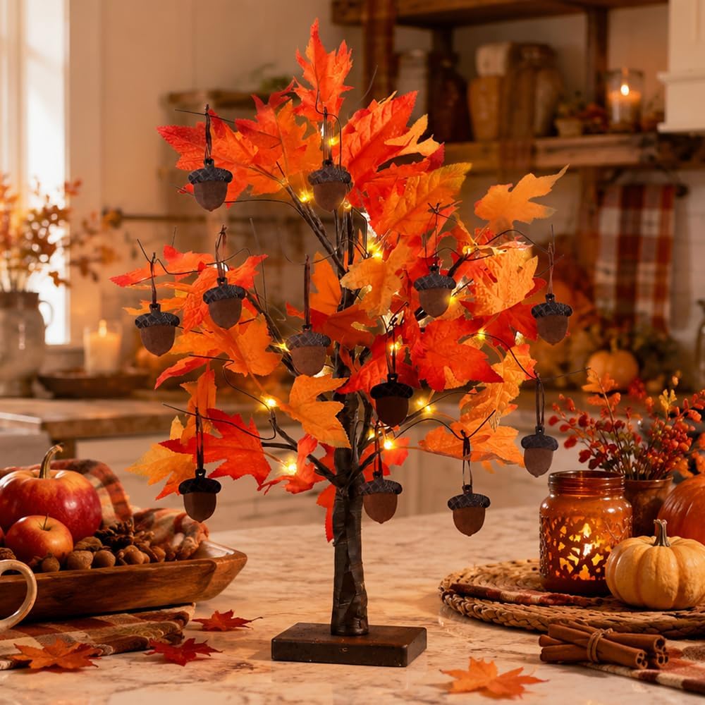 YEAHOME Fall Decorations for Home, Thanksgiving Decorations, 24”/2FT Lighted Fall Maple Leaves Tree with 24 LEDs for Autumn Decor, 12 Wood Acorns Ornaments Battery Powered Timer for Table Indoor