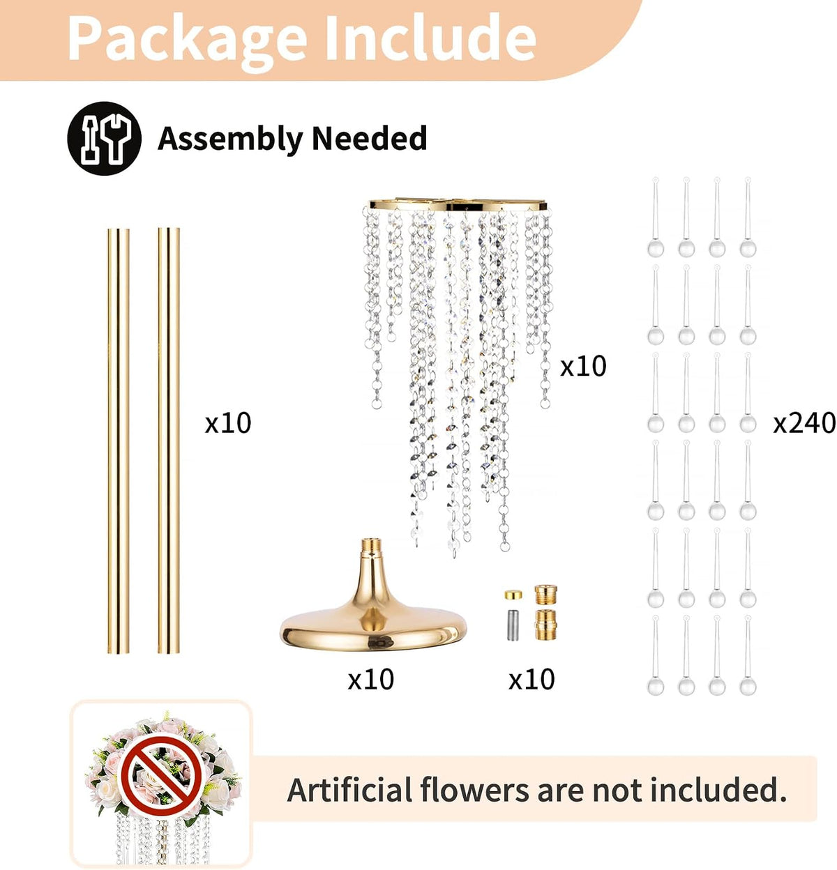 NUPTIO Tall Gold Centerpiece for Table, Metal, 21.7", 10 Pcs