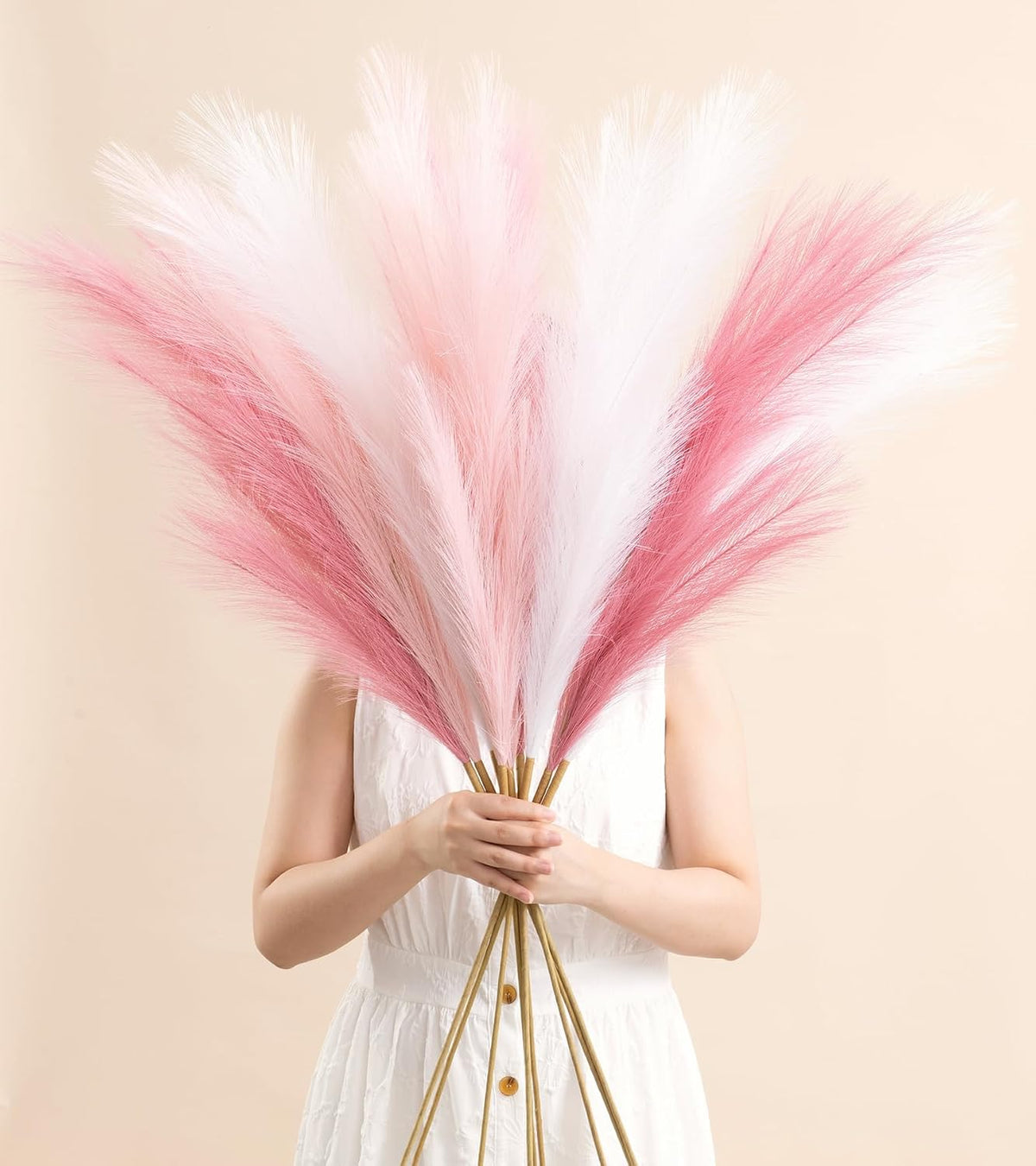 SeptCat 9 Pcs 45" Pampas Grass Tall Pink White Decor Faux Dried Fluffy Fake Long Light Pink Pompas Artificial Pompous Stems Bouquet Flower Vase Filler Home Wedding Room Wall Decoration