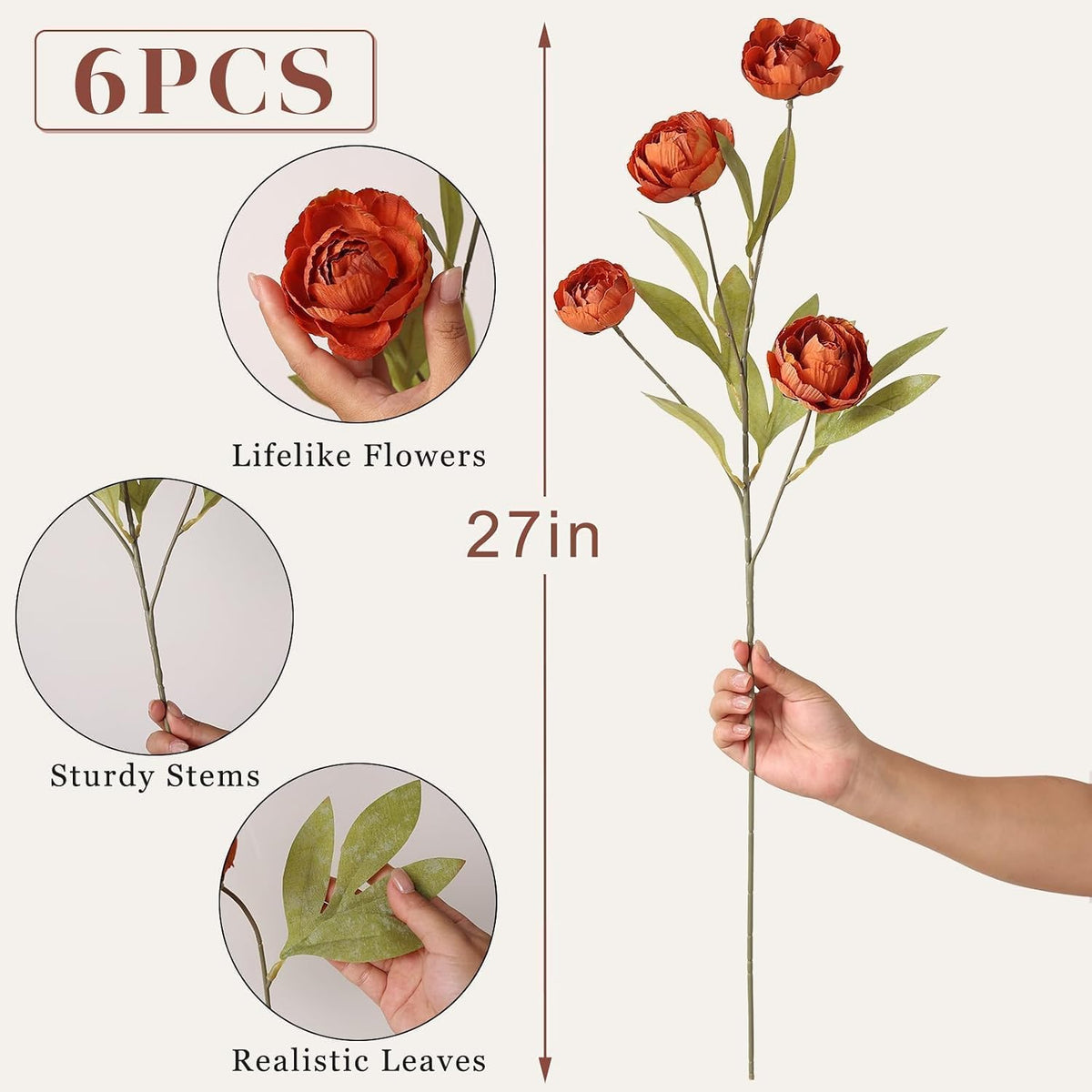 6 Pcs 27" Faux Silk Peony Artificial Fall Flowers Stems for Vase (Orange)