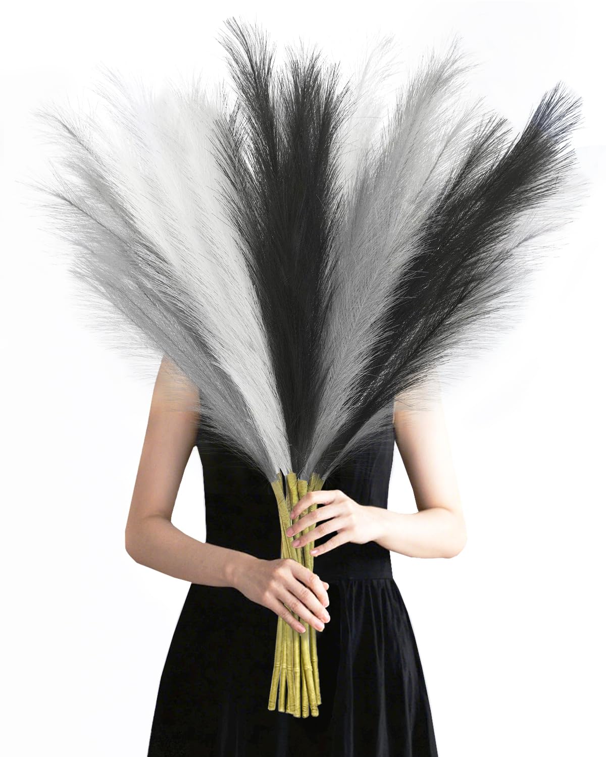 Agusbagli 30pcs Black Faux Pampas Grass Tall, 21.6in Artificial Colored Pompas Grass Short Fluffy Fake Pampas Stems Vase Filler Flower Arrangement for Home Wedding Centerpieces Boho Decor