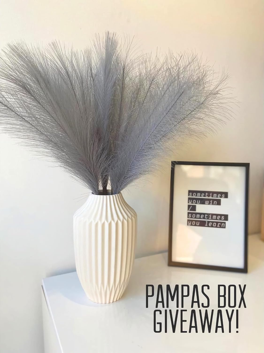 Pusuny Faux Pampas Grass,7 PCS 24 inch Gray Pampas Grass Decor, 7 Branches | Each Stem Fluffy Small Pompous Grass for Vase Filler in Table Vase Decor for House, Office, Boho Wedding Flower (Gray)