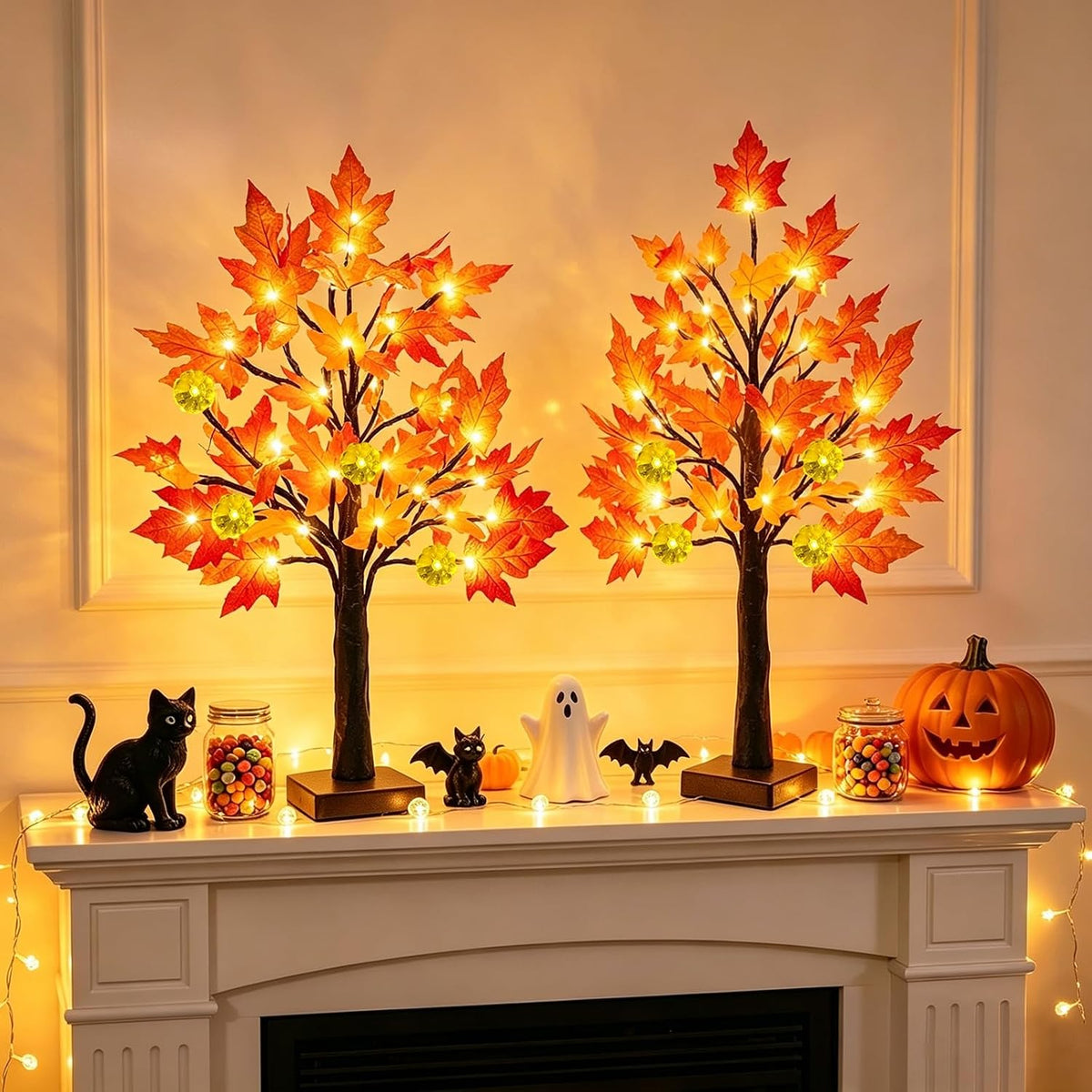 TURNMEON Fall Decor 2 Pack 24 Inch Prelit Fall Maple Tree 48 LEDs Timer