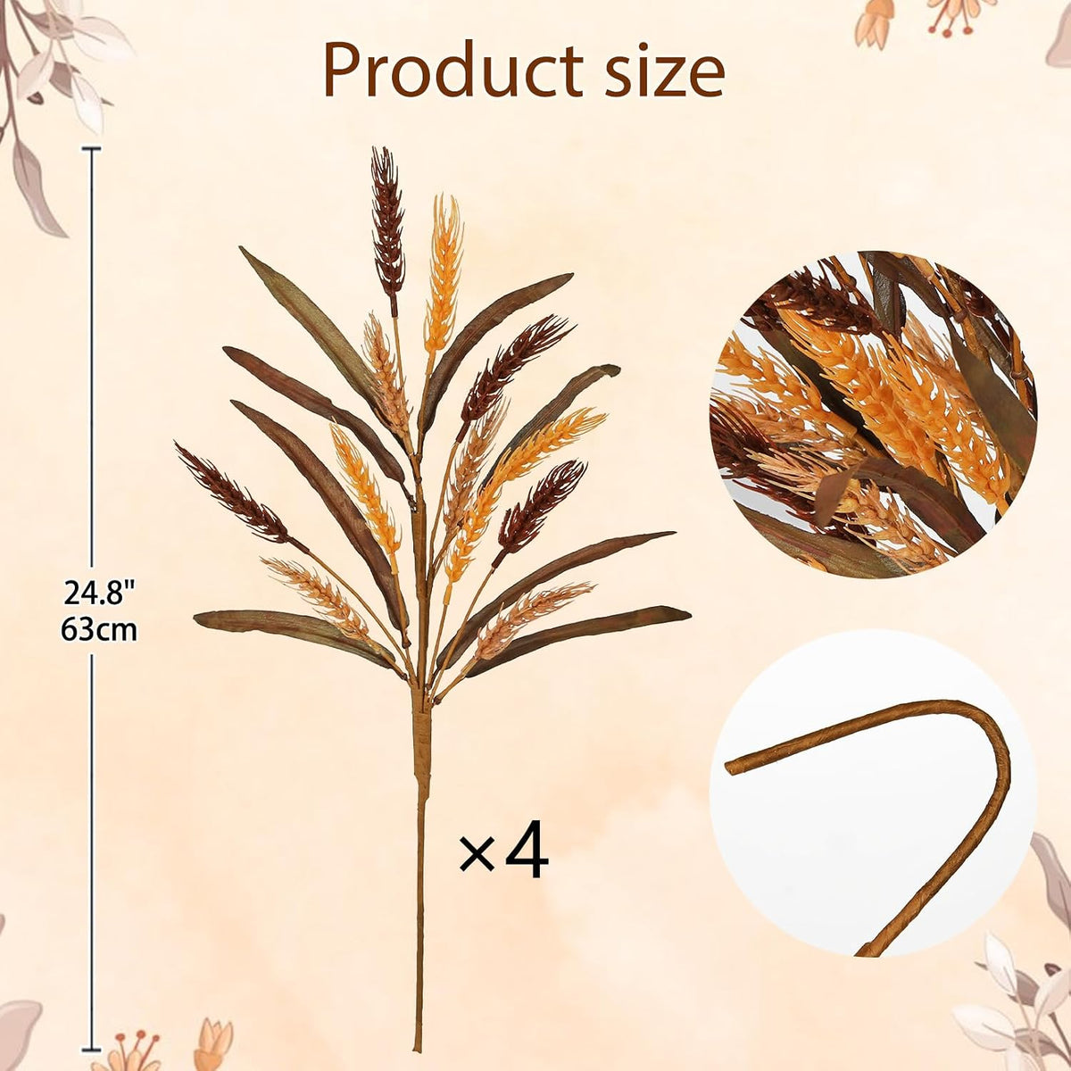 Hollyone 4Pcs Fall Stems Artificial Wheat Stalks 24.8inch Fall Floral Stems Wheat Stalks Bundle Arrangement Pampas Grass Flowers Bouquet Boho Decor for Harvest DIY Thanksgiving Farmhouse Decor Orange