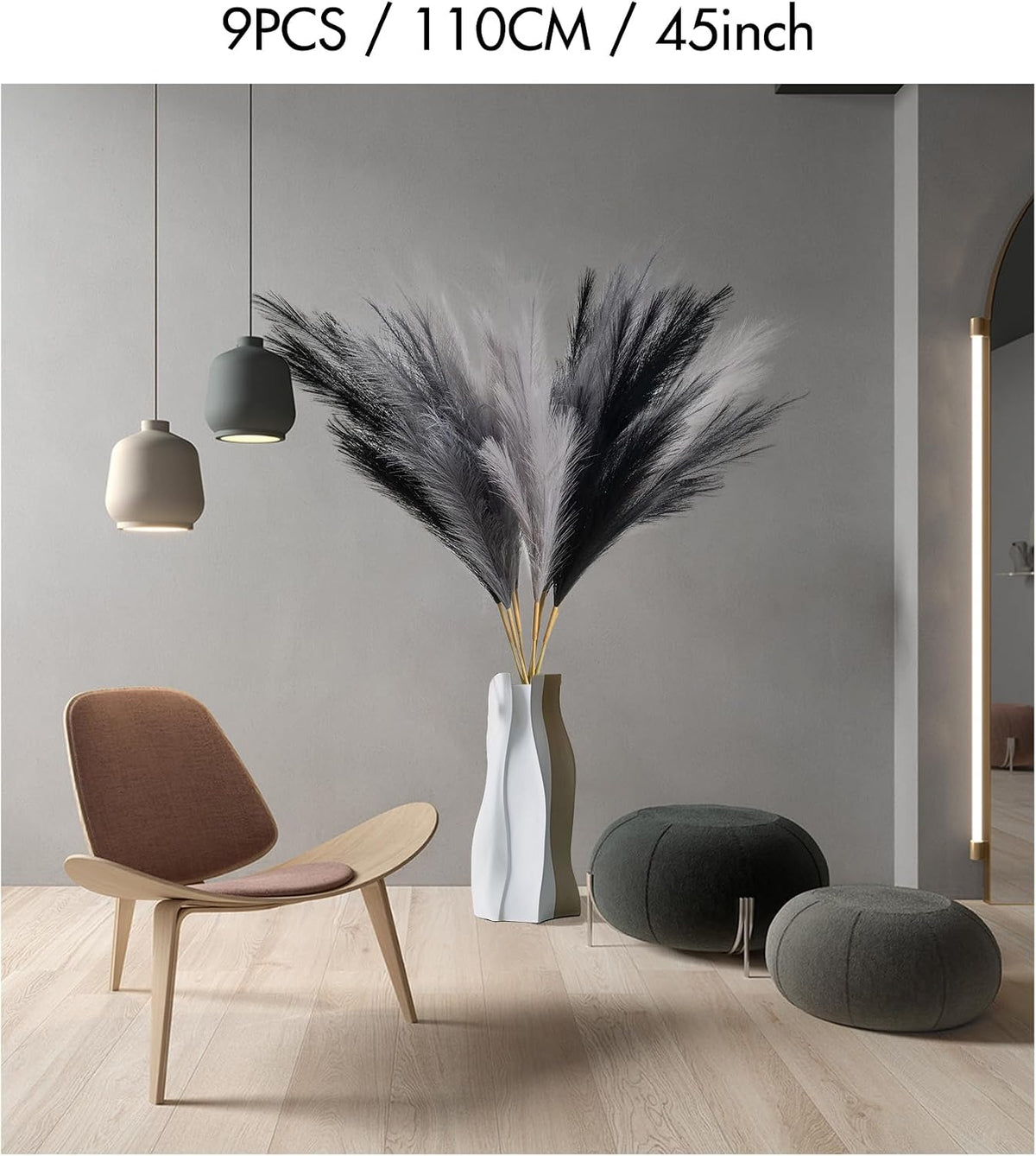 SeptCat 9 Pcs 45" Faux Dried Pampas Grass Tall Decor, Fluffy Fake Long Pompas Artificial Black Grey Gray Pompous Stems Bouquet Flower Arrangement Vase Filler for Boho Home Wedding Decoration