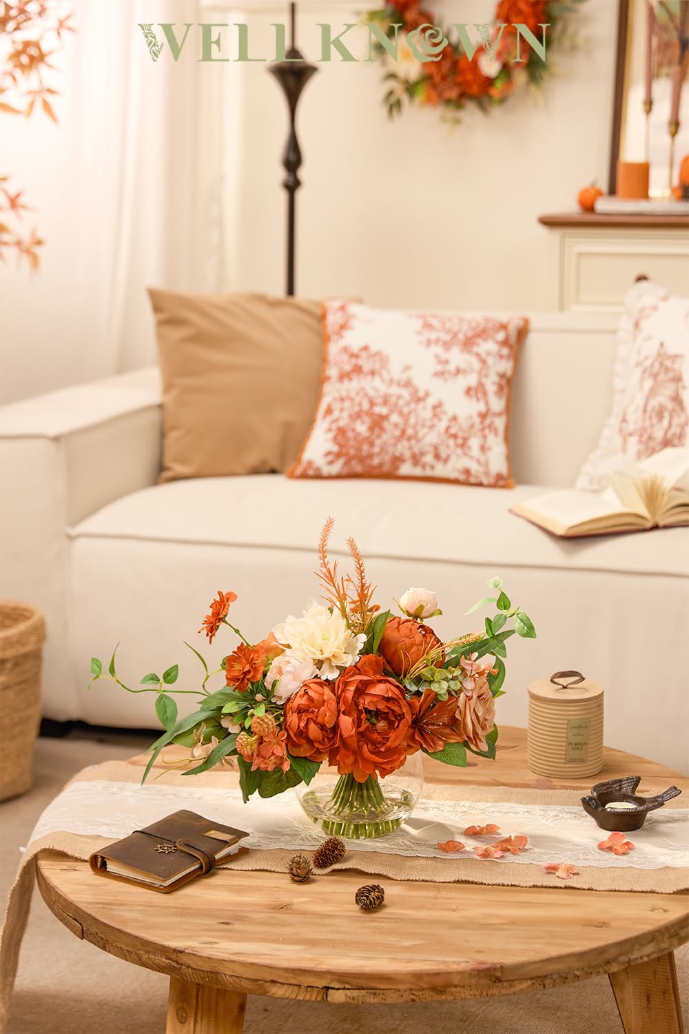 WELL KNOWN Artificial Flowers in Vase, Burnt Orange & Champagne Plus