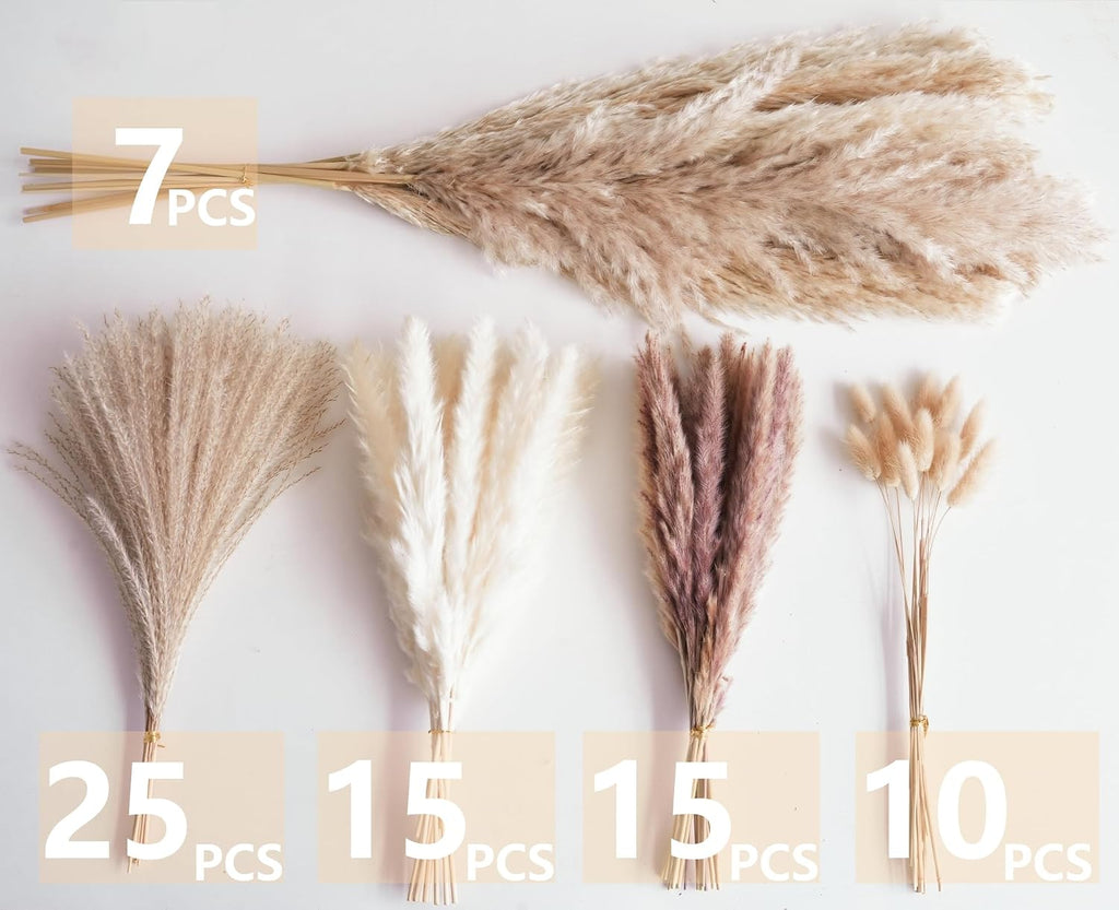 Decorative Tall Pampas Grass for Floor Vase – Premium Large Pampas Grass Decor Tall, 17"-40" Pampas Grass Stems, Dried Pampas Grass Decor Tall, Natural Pampas Grass with Beige Decor and Boho Feathers