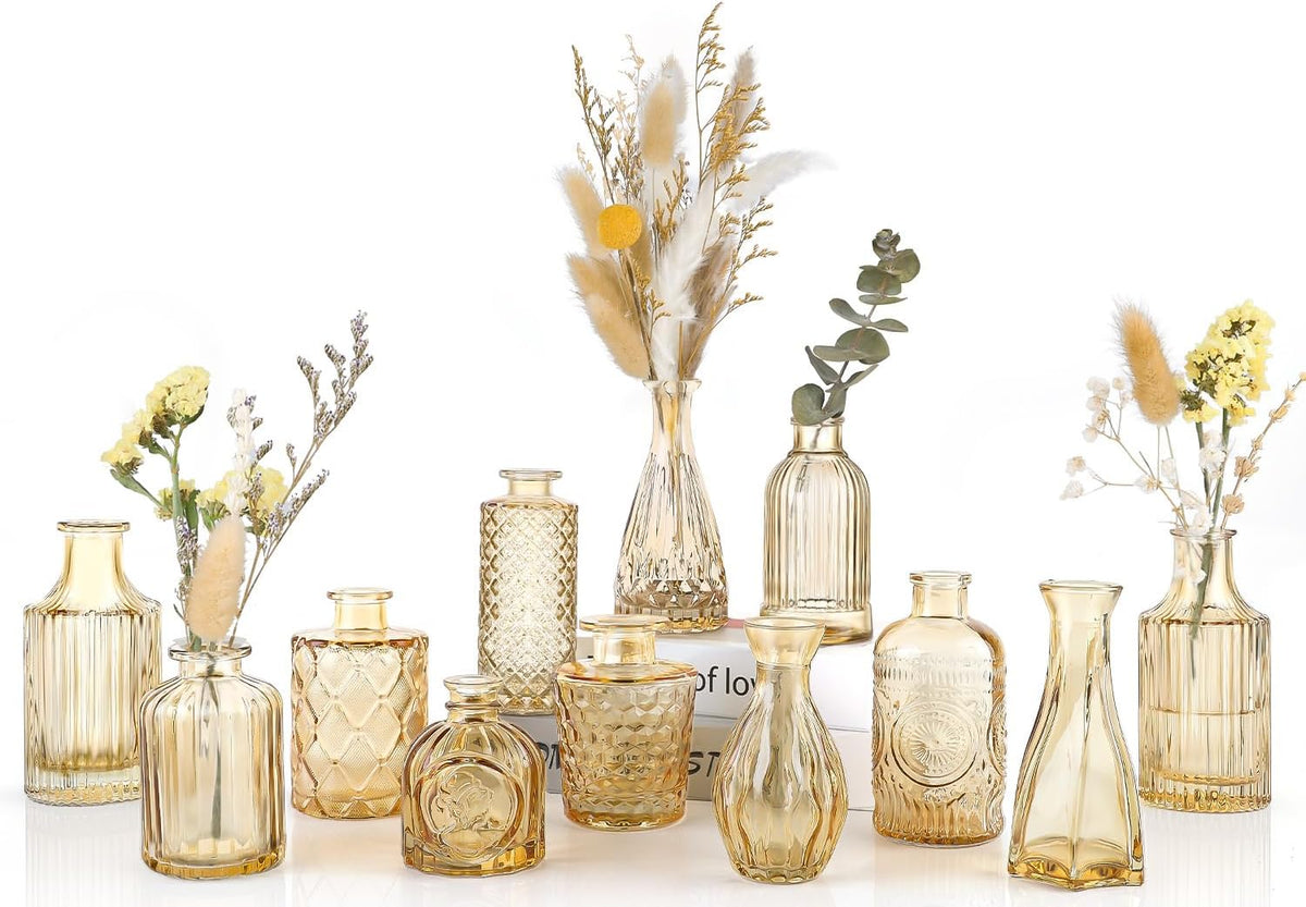 UPBUD Amber Gold Glass Bud Vases Set of 12, Small Vases for Flowers