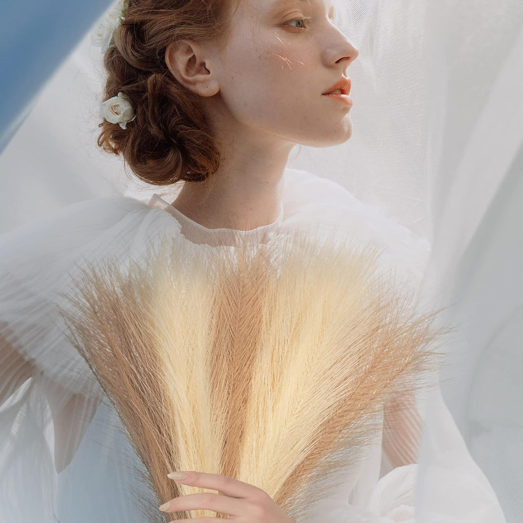 Faux Pampas Grass, 18"/45cm Artificial Pampas Grass Fluffy 6 Stem pompous Grass Flower Arrangement for Boho Home Wedding Decoration (Beige,Taupe)