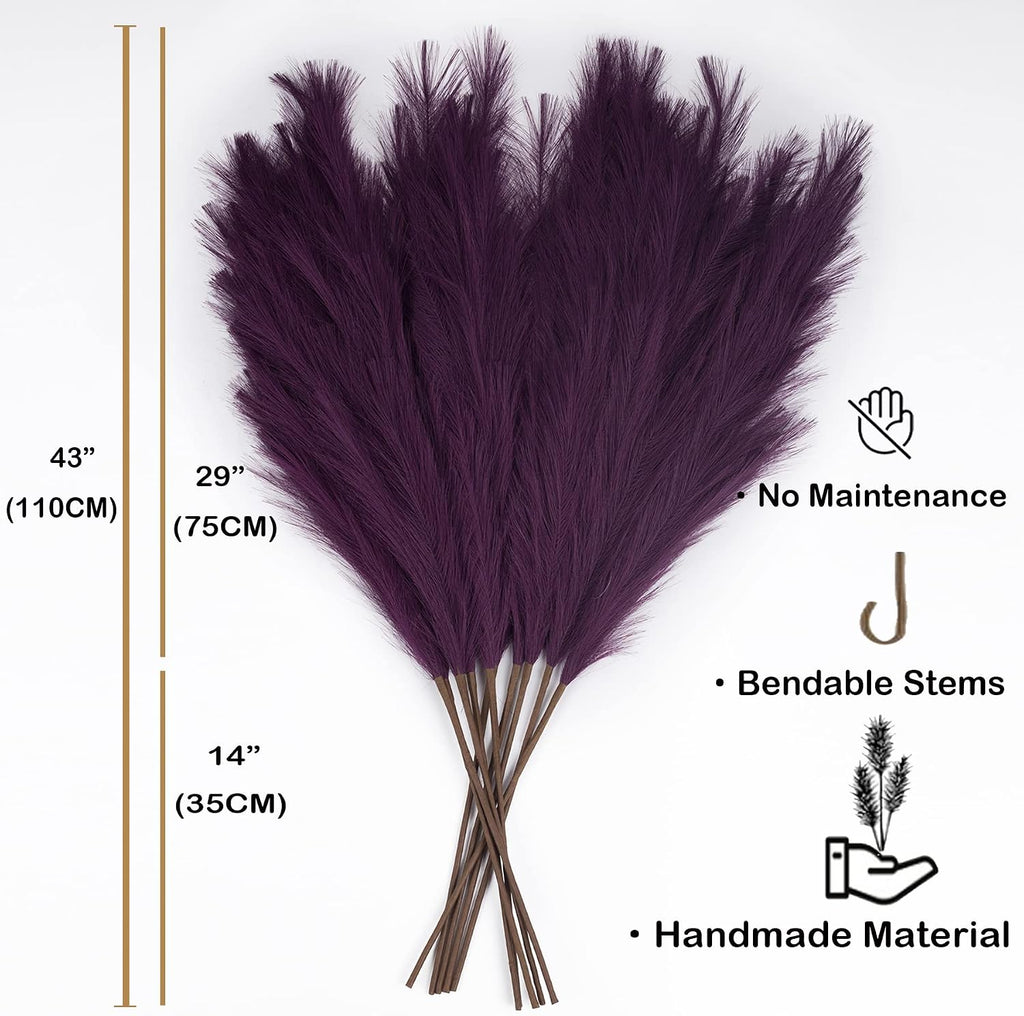 Pampas Grass Decor Tall, 43"/110cm Faux Pampas Grass 6 Stems Large Pompass Grass Branches Tall Bulk Boho Flower Arrangement for Home Room Wedding Party Decor(Purple)