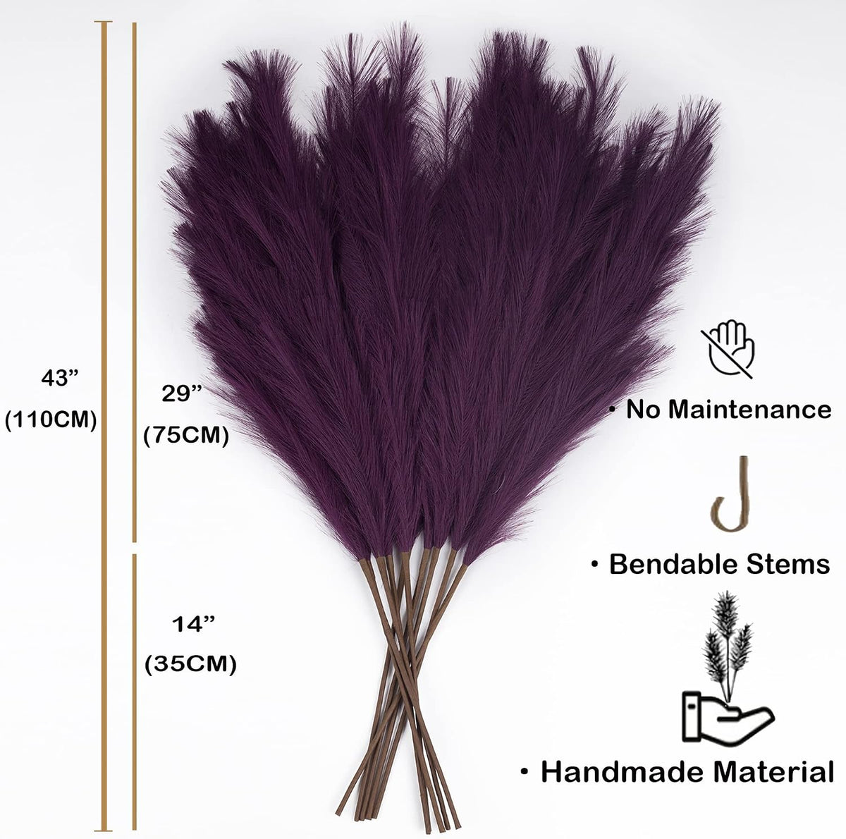 Pampas Grass Decor Tall, 43"/110cm Faux Pampas Grass 6 Stems Large Pompass Grass Branches Tall Bulk Boho Flower Arrangement for Home Room Wedding Party Decor(Purple)